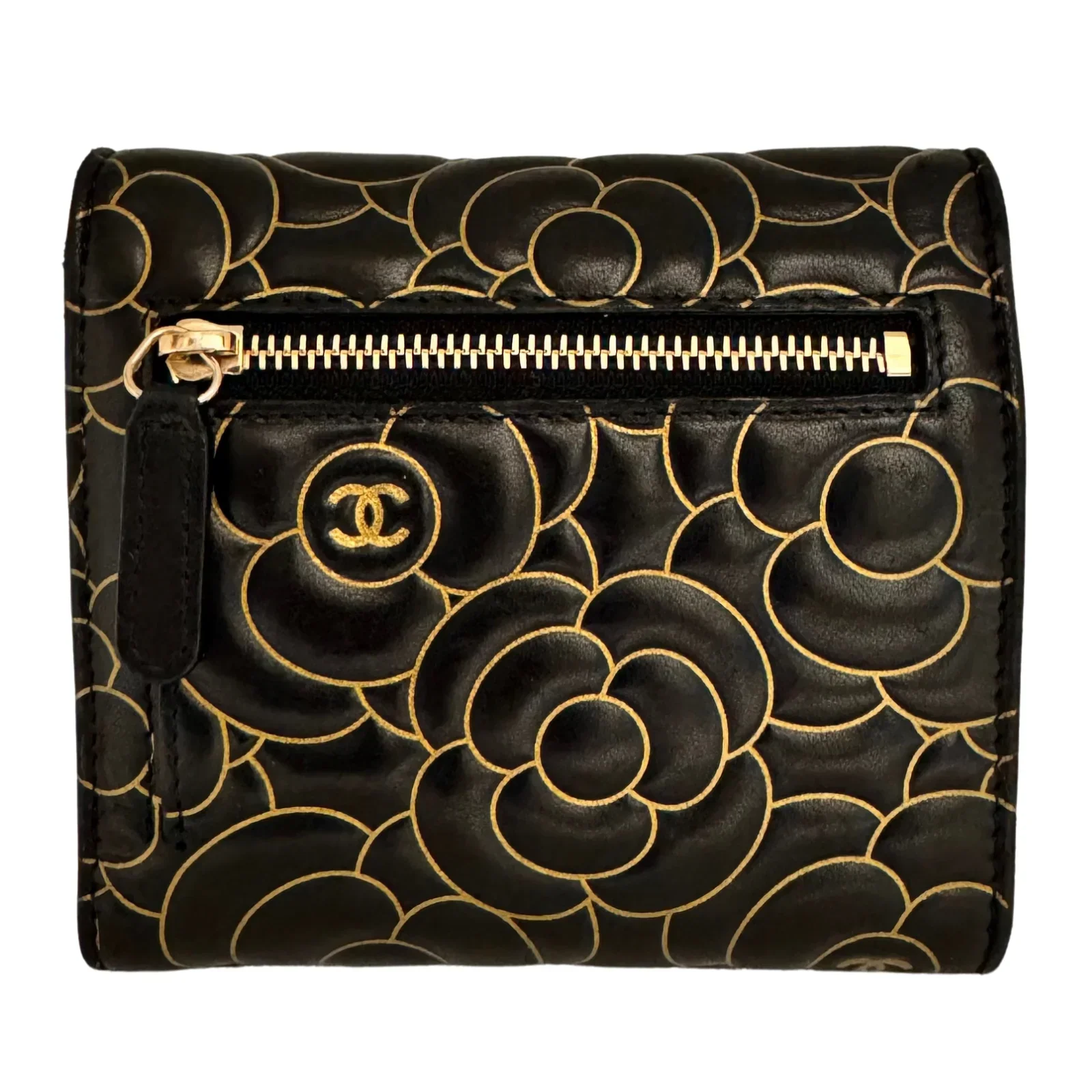 Chanel Lambskin Camellia Embossed Wallet in Black & Gold - Image 2
