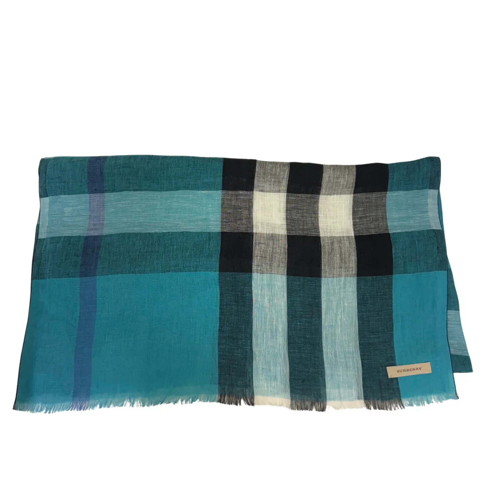 Burberry Linen Scarf Blue Check - Image 4