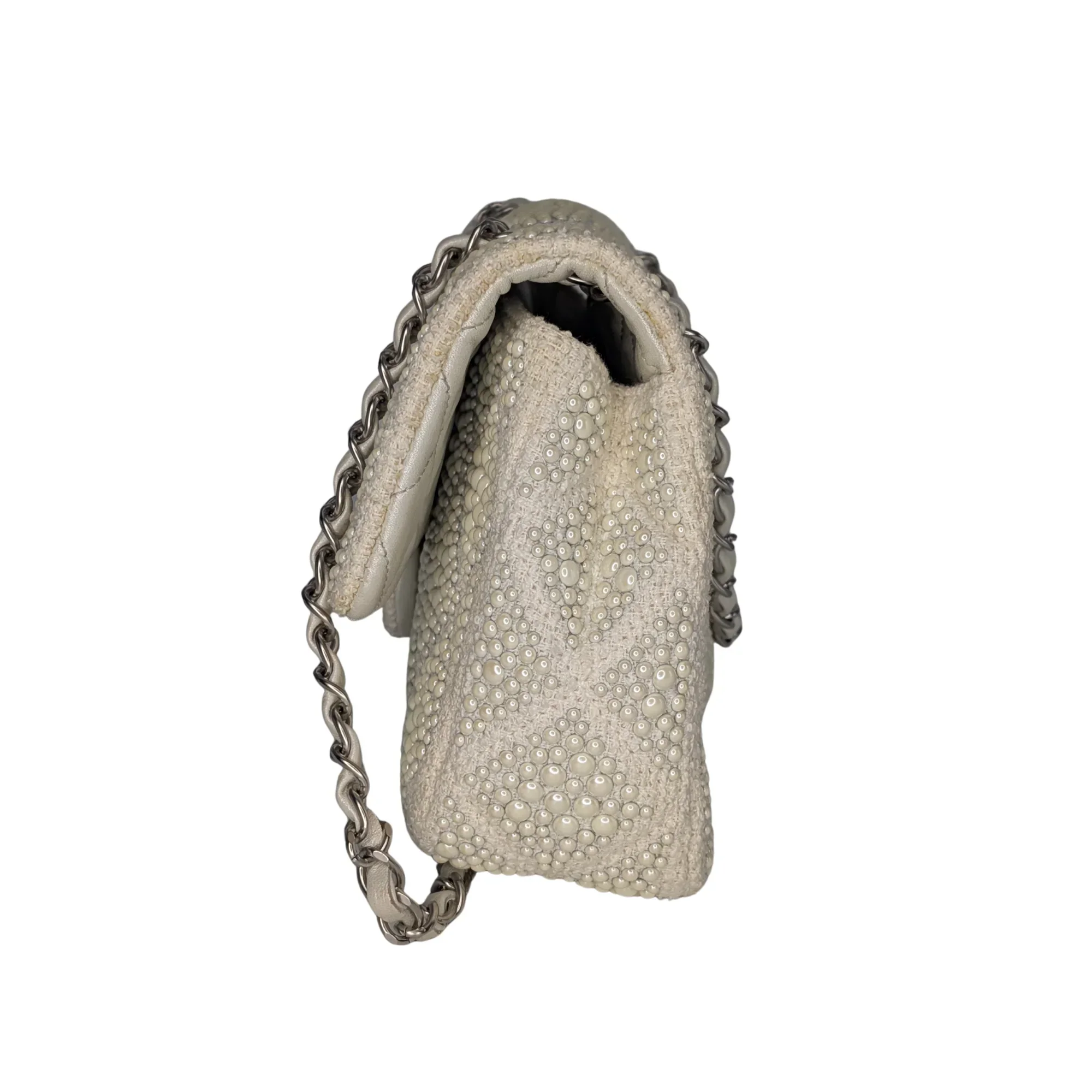 Chanel Classic Flap Pearl Embellished Shoulder Bag White - Image 3