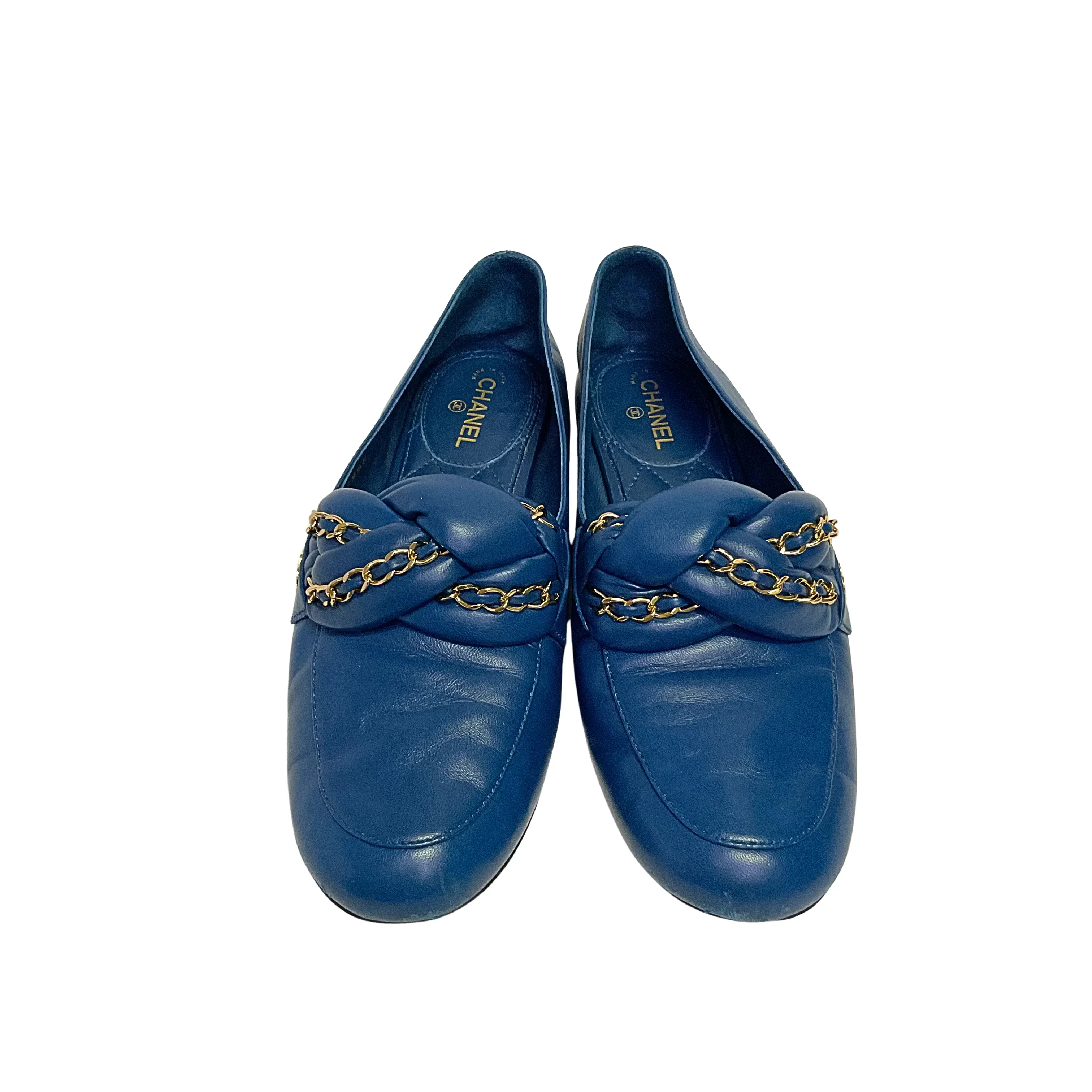 Chanel Braided Interlocking CC Loafers Blue Flats Size 38 - Image 3