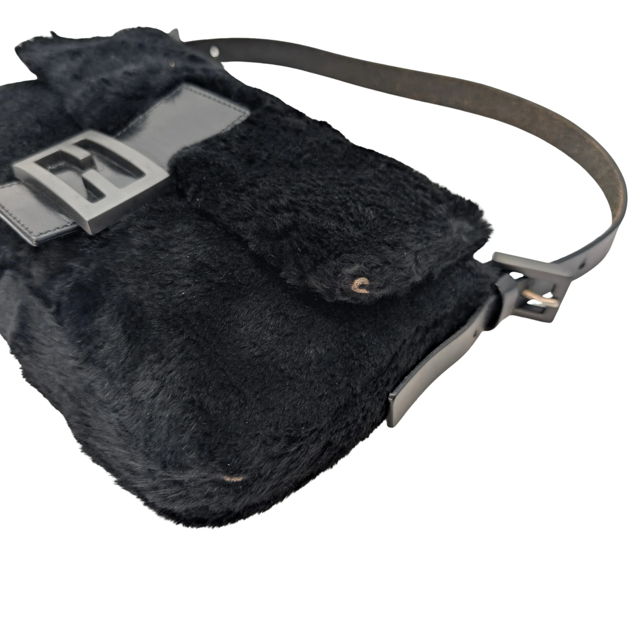 Fendi Rabbit Fur Baguette Handbag Black - Image 7