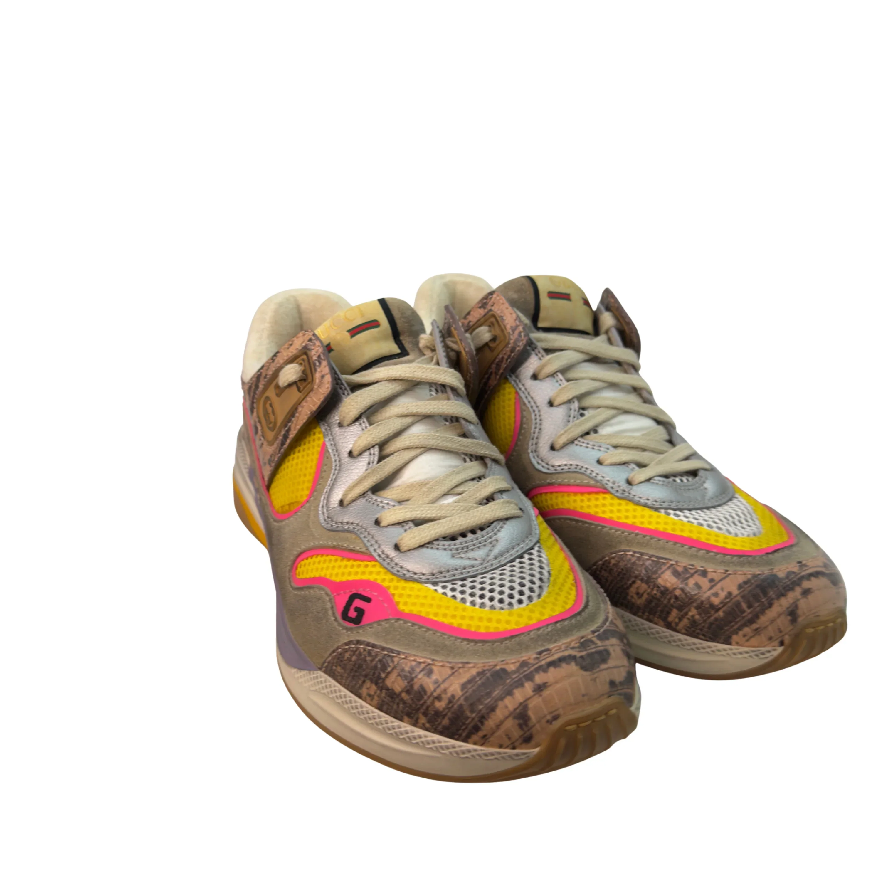 Gucci Suede Calfskin Tejus Printed Womens Ultrapace Sneakers Pink Silver Oatmeal Yolk 39 - Image 3