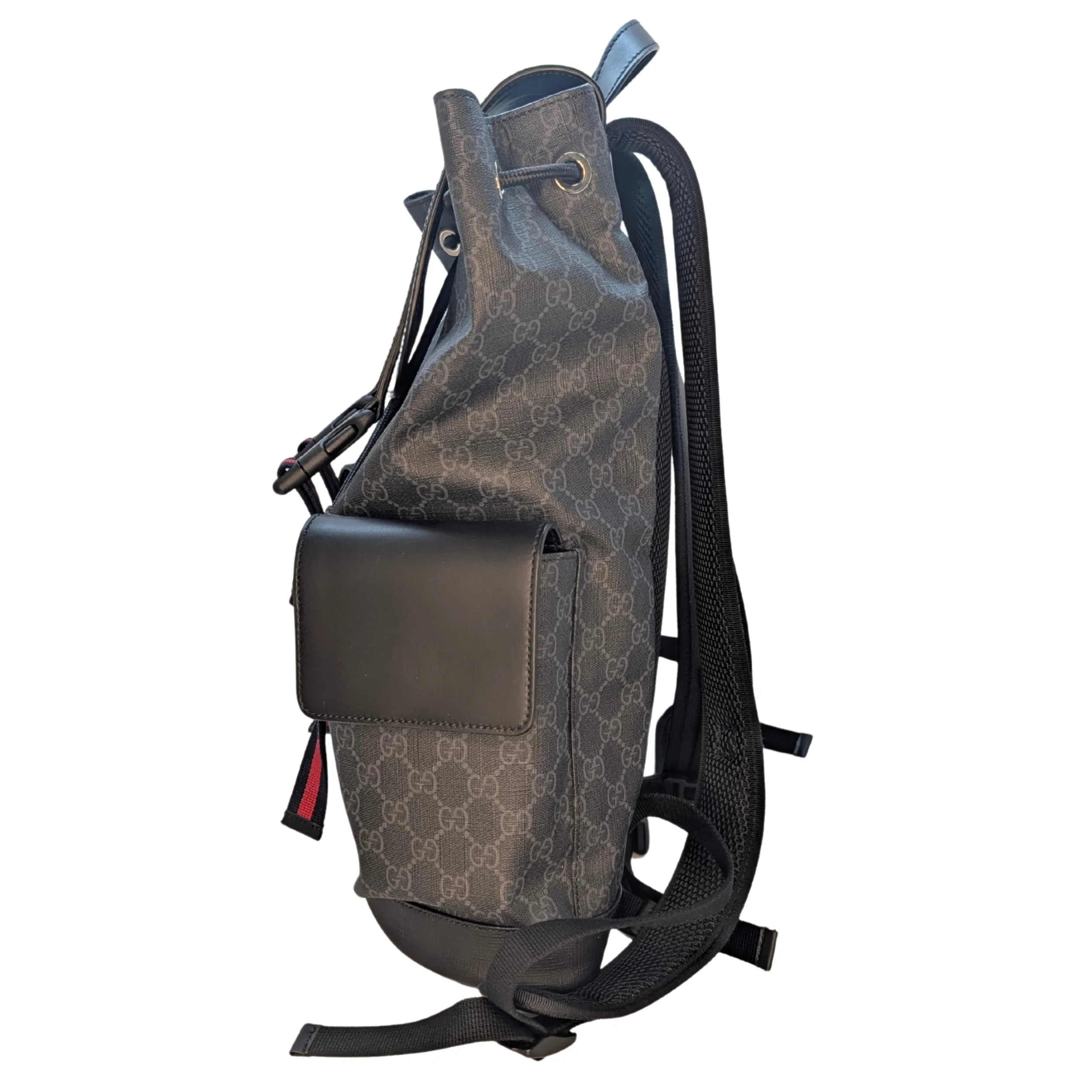 Gucci GG Supreme Monogram Calfskin Web Double Buckle Backpack Black - Image 3