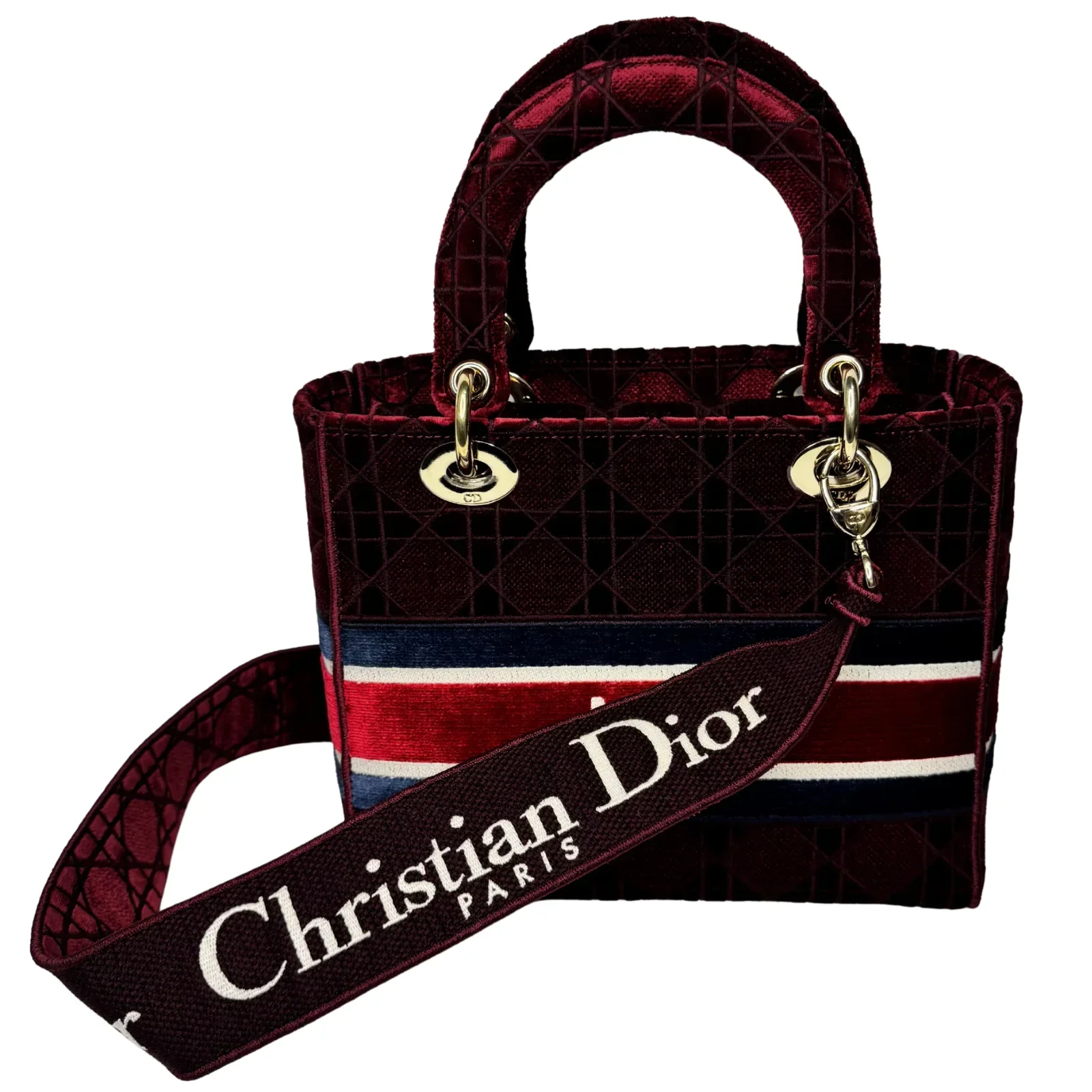 Christian Dior Velvet Cannage Medium Lady D-Lite Bag Burguandy - Image 3