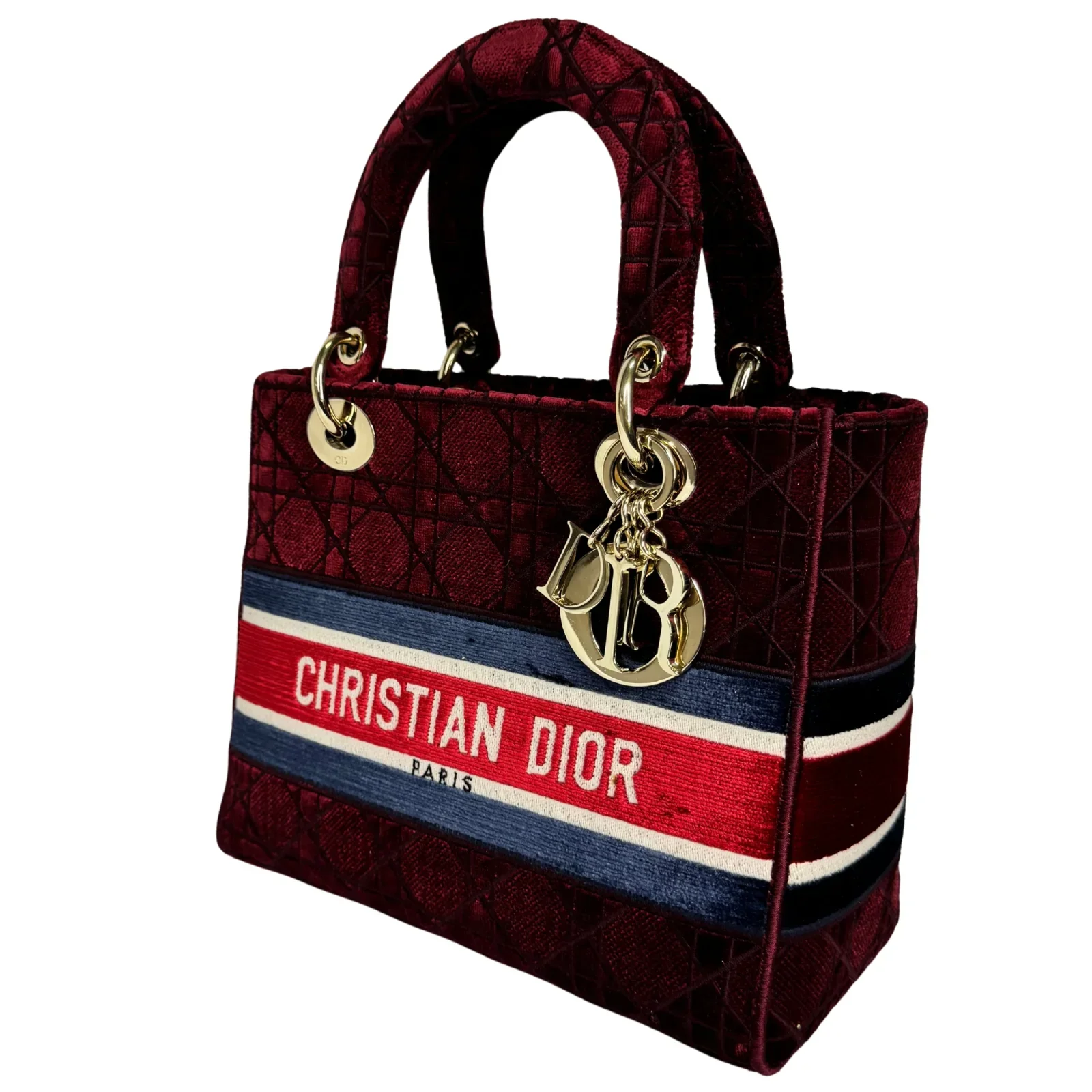 Christian Dior Velvet Cannage Medium Lady D-Lite Bag Burguandy - Image 4