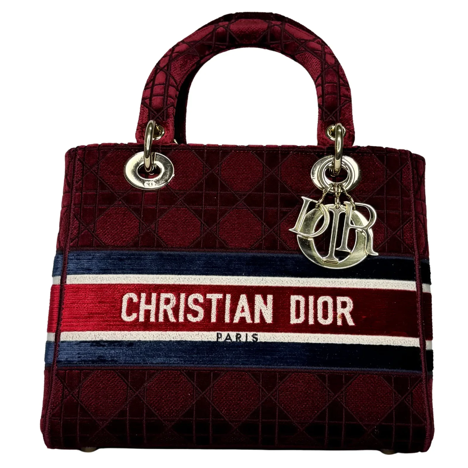 Christian Dior Velvet Cannage Medium Lady D-Lite Bag Burguandy - Image 6