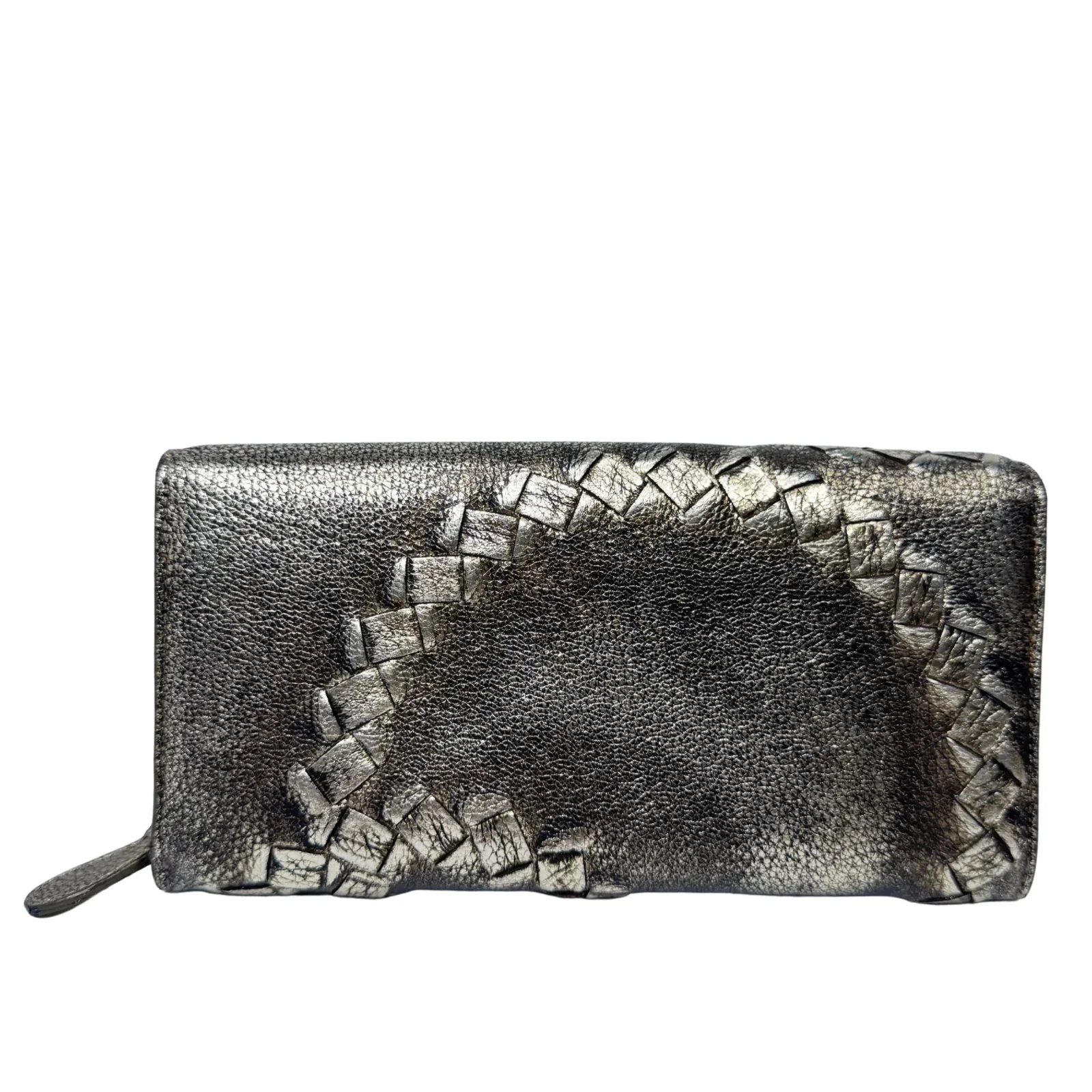 Bottega Veneta Metallic Pewter Woven and Pebbled Leather Long Wallet - Image 3