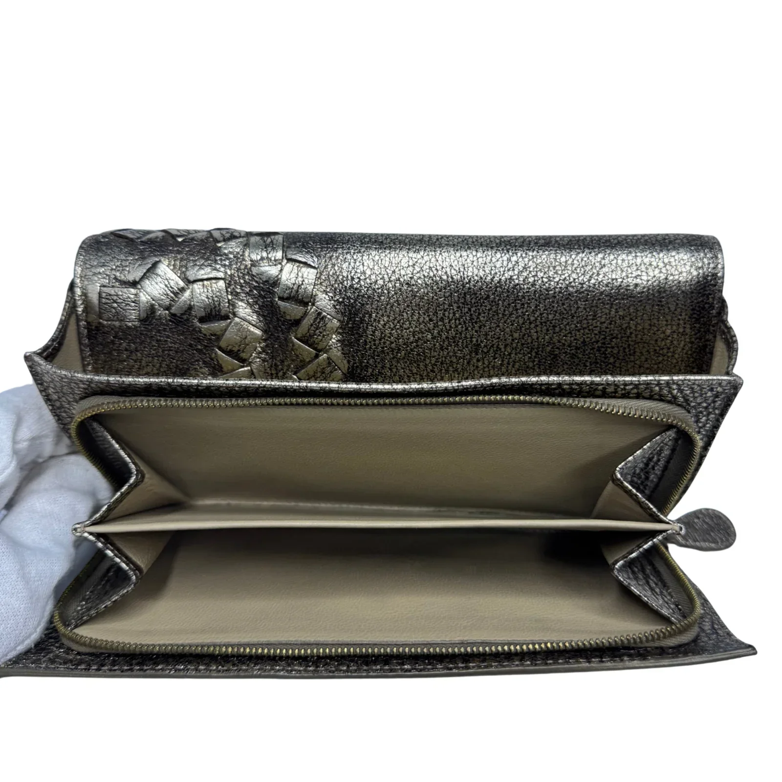 Bottega Veneta Metallic Pewter Woven and Pebbled Leather Long Wallet - Image 8